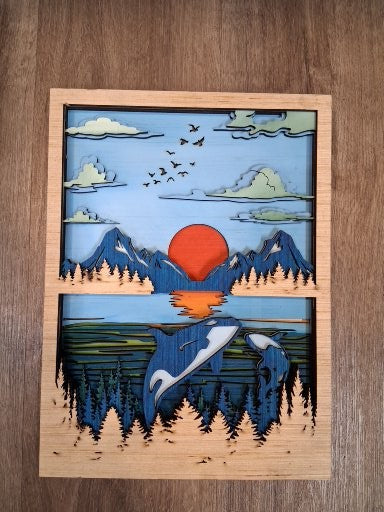 Two Orca sunset 10"x13" Layered Wood