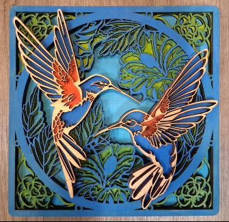Two Hummingbird square 11.5" Layered Wood