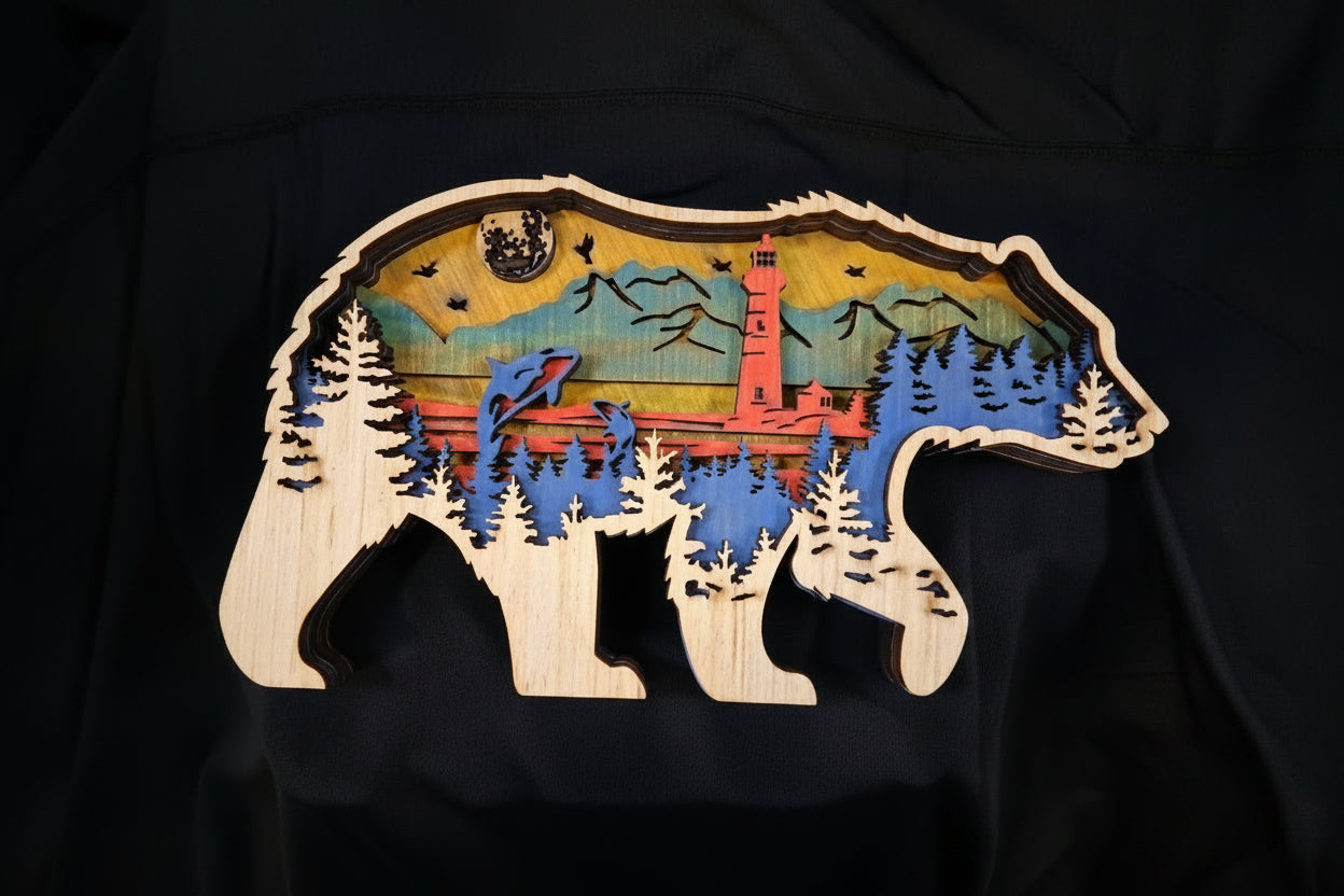 5Z245 Black Bear with Orca and Lighthouse Layered Wood Large