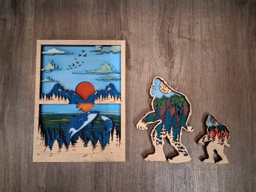 Two Orca sunset 10"x13"  Layered Wood