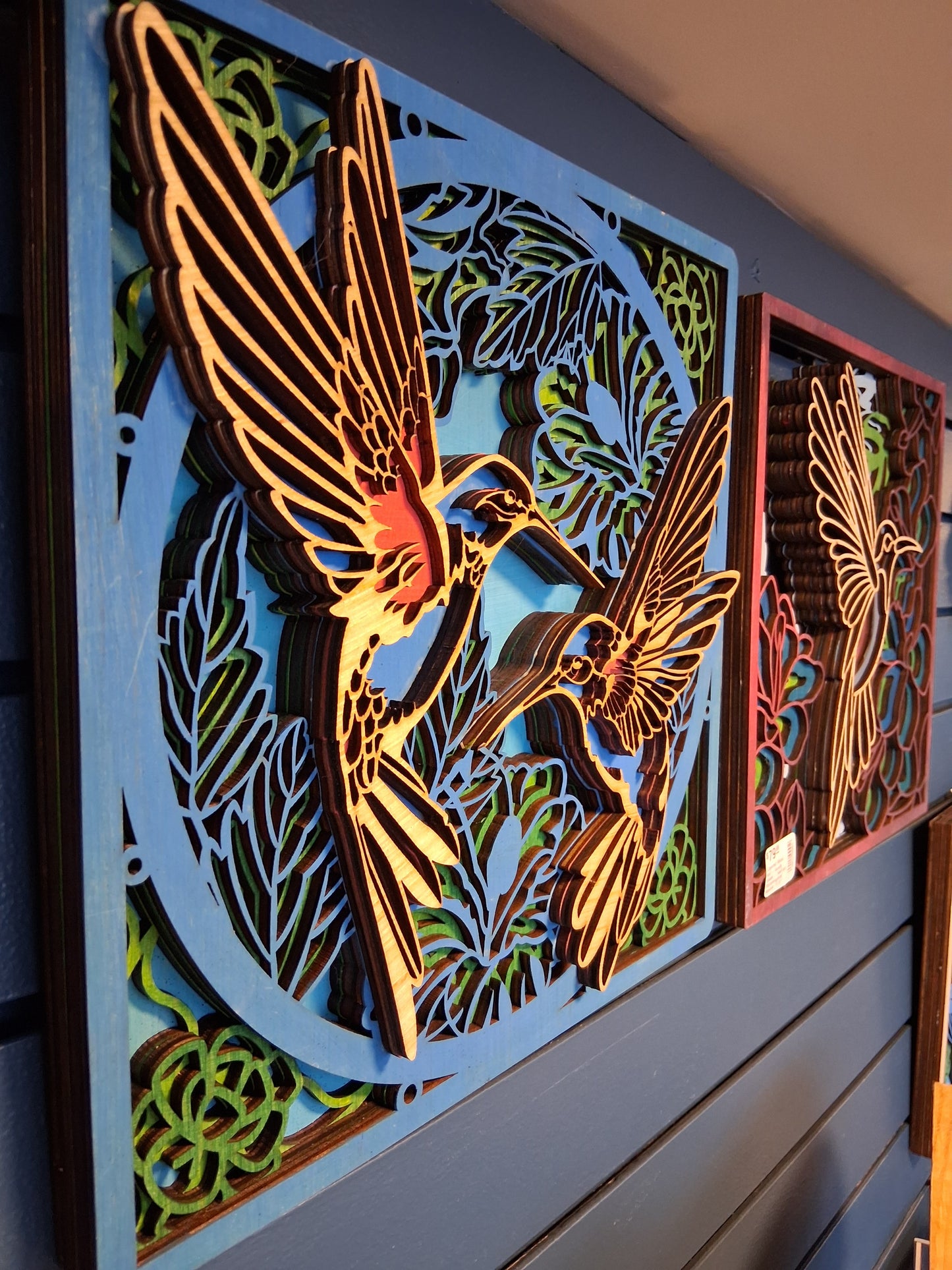 Two Hummingbird square 11.5" Layered Wood