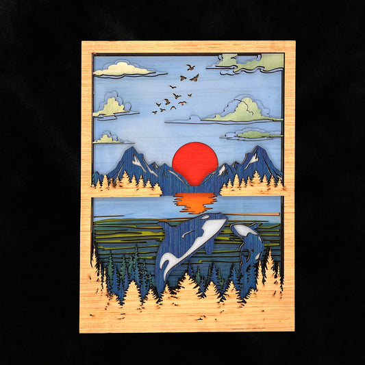 Two Orca sunset 10"x13"  Layered Wood