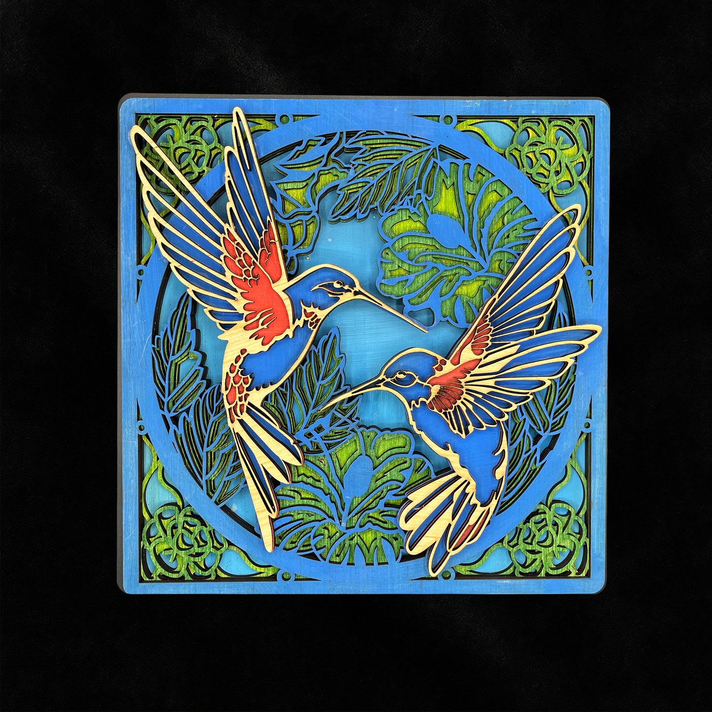 Two Hummingbird square 11.5" Layered Wood