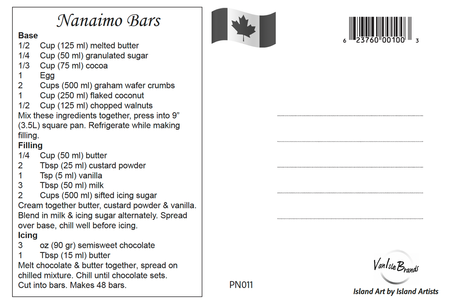 PN011 /PN807 Nanaimo Bar Postcard with recipe